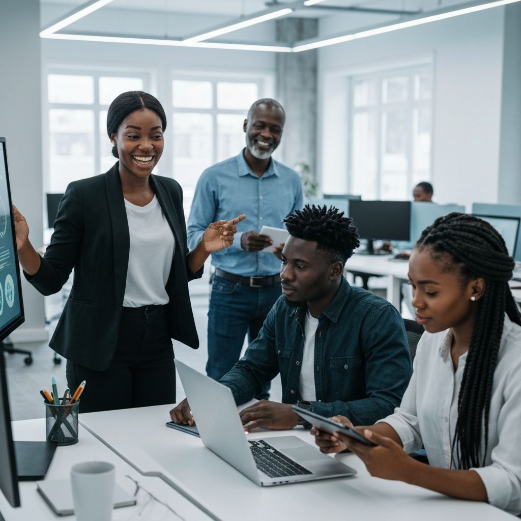 Diverse African professionals collaborating on technology